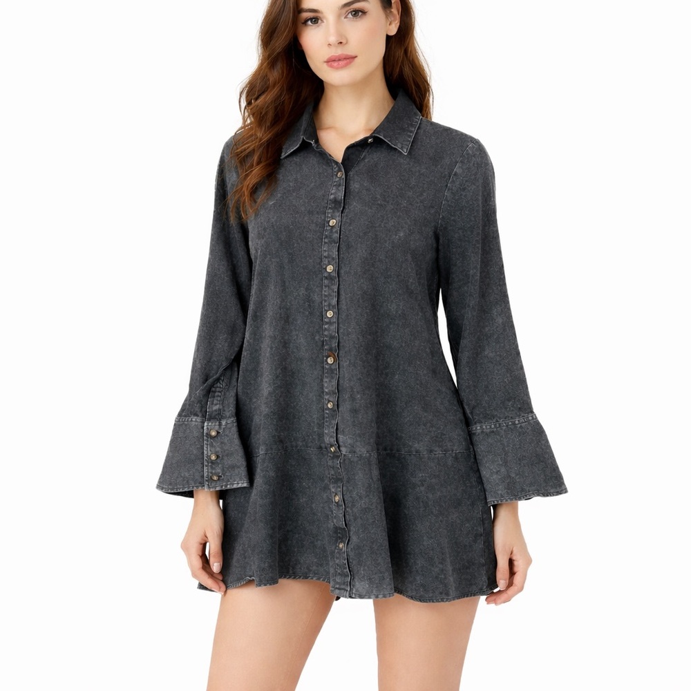 Wild Fable Washed Charcoal Button Front Tunic Dress w Long Bell Sleeves
